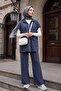 Double Suit with Stand Collar, Zipper Closure, Double Pockets, Elastic Waist - Smoked - 4