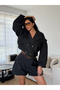 Women's Black Double-Breasted Collared Belted Shorts Jacket Two-Piece Set - 3