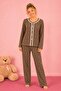 Waffle Knitted Long Sleeve Round Neck Lace Detailed Buttoned Women's Pajama Set - 2