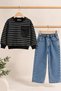 Children's Black Striped Crew Neck Top and Cuffed Trousers Set with Pocket Detail - 2