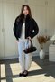 High Collar Black Bengaline Fabric Zippered Bomber Jacket - 6