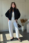High Collar Black Bengaline Fabric Zippered Bomber Jacket - 7