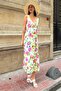 Natural Viscose V-neck Patterned Waist Tied Long Fuchsia Dress - 5