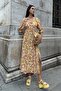 Natural Viscose Waist Gathered Patterned Slit Long Yellow Dress - 5