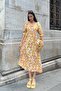 Natural Viscose Waist Gathered Patterned Slit Long Yellow Dress - 3