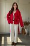 Red Trench Coat with Stand Collar, Buttons and Waist Tie - 3