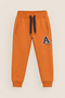 Boy's Front Printed 3-Pocket Ribbed Cuffed Combed Cotton Sweatpants Brown - 2