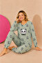 Waffle Knitted Long Sleeve Round Neck Cuff Detailed Embroidered Women's Pajama Set
