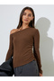 Brown Asymmetric Neck Knit Top - 4