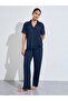 Navy Blue Solid Lace Trims Shirt And Straight Leg Pants Pyjama Set - 2