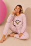 Waffle Knitted Long Sleeve Round Neck Cuff Detailed Embroidered Women's Pajama Set