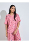 Pink All Over Star Print V-Neck T-Shirt And Wide Leg Pants Pyjama Set - 2