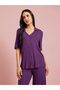 Burgundy Viscose Ribbed Buttoned Shirt And Pyjama Set - 2