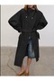 High Collar Belted Long Trench Coat with Snap Fasteners