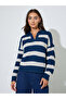 Navy Blue Striped Long Sleeves Knit Polo T-Shirt - 3