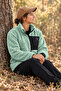 Women's Oversize Zippered 3-Pocket Welsoft Plush Fleece Green Jacket - 3
