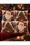 Christmas Santa Claus and Pine Tree Embroidery-Looking Digital Printed Set of 4 Gift Throw Pillow Covers