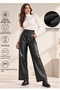 Women's Black Leather Look Wide-Leg Trousers with Elastic Waist, Winter Comfortable Fit - 4