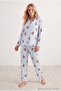 Blue Line and Teddy Bear Patterned Soft Buttoned Knitted Pajama Set Thmaw27Pt00227 - 2