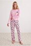 Pembe Cep Detaylı Kedi Desenli Pamuk Karışımlı Yumuşak Tuşe Likralı Örme Pijama Takımı THMAW27PT00222 - 2