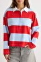 Kırmızı Çizgili Düğmeli Polo Yaka Oversize/Geniş Kesim Düşük Kol Örme T-Shirt TWOAW27TS00029 - 3