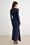 Navy Blue Transparent Detailed Stoned Fish Form Maxi Knitted Tulle Dress Tpraw27El00028 - 4