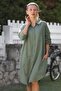 Khaki Shirt Collar Buttoned Long Sleeve Pocket Peacock Embroidered Cotton Woven Casual Dress - 7
