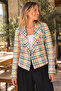 Women's Yellow-Red Double-Breasted Collar Tweed Crop Jacket Arm-24K001014