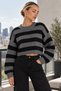 Black Gray Striped Crew Neck Crop Women's Knitwear Sweater - 8