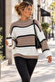 Brown and White Striped Half Fisherman Women's Oversize Sweater - 4