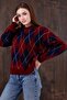 Burgundy Navy Blue Diamond Pattern Crew Neck Oversize Women's Knitwear Sweater - 5