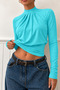 Waist-Slit Half Turtleneck Long Sleeve Turquoise Blouse - 3