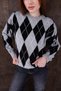 Gray Black Diamond Pattern Crew Neck Oversize Knitwear Women's Sweater - 2
