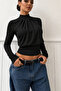 Half Turtleneck Long Sleeve Black Blouse - 2