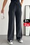 Women's Elastic Waist Lace-Up Striped Palazzo Gabardine Trousers 6023 Anthracite - Premium Series
