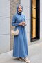 Pearl Detailed Tunnel Lace-Up Long Denim Dress - 4