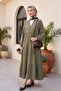 V-Neck Half-Buttoned Piece Muslin Dress with Elastic Sleeves -Khaki - 3