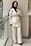 Floral Bead Embroidered Striped Jacket and Trousers Set