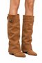 Women's Suede Heeled Cowboy Western Boots with Buckle Long Boots Tan Mivez