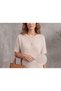 Women's Beige Mesh Skirt Part Lace Short Sleeve Belted 100% Acrylic Knitwear Blouse Sweater