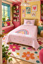 Rainbow Heart Pink Single Pique Set-Fairy Tale Theme Nordic Powder Yellow Quilted Bedspread - 7