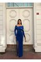 Flexible shiny satin neckline pleated bow detailed Slit evening dress 583363 Cobalt - 3