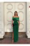 Stretchy Shiny Satin Collar Pleated Bow Detail Slit Evening Dress 583363 EMERALD