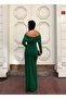 Stretchy Shiny Satin Collar Pleated Bow Detail Slit Evening Dress 583363 EMERALD - 4