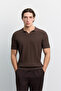 Men's Coffee Buttonless Polo Collar Full Jacquard Short Sleeve Regular Fit Sweater A62Y5060