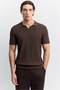 Men's Coffee Buttonless Polo Collar Full Jacquard Short Sleeve Regular Fit Sweater A62Y5060 - 6
