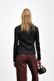 Black Buckle Detailed Double-Breasted Collar Corded Fabric Blouse - 4