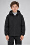 Boy's Black Lined Water and Windproof Hooded Double Zipper Pocket Raincoat