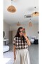Brown Diamond Patterned Collared Short Sleeve Knitwear Blouse
