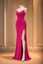 Crepe Fabric Chest Low-Cut and Slit Detailed Stone Design Strap Maxi Dress 583173 Fuchia - 3